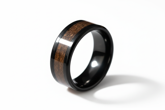 Black and Dark Brown Wooden Insert Stainless Steel Ring