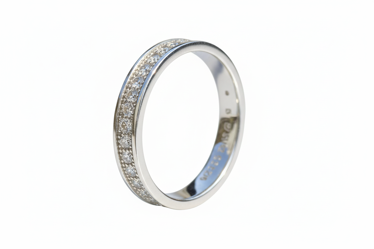 925 Sterling Silver band with 21 round Cubic Zirconia stones