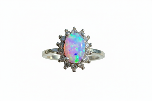 925 Sterling Silver Classic Opal ring with Cubic Zirconia stones
