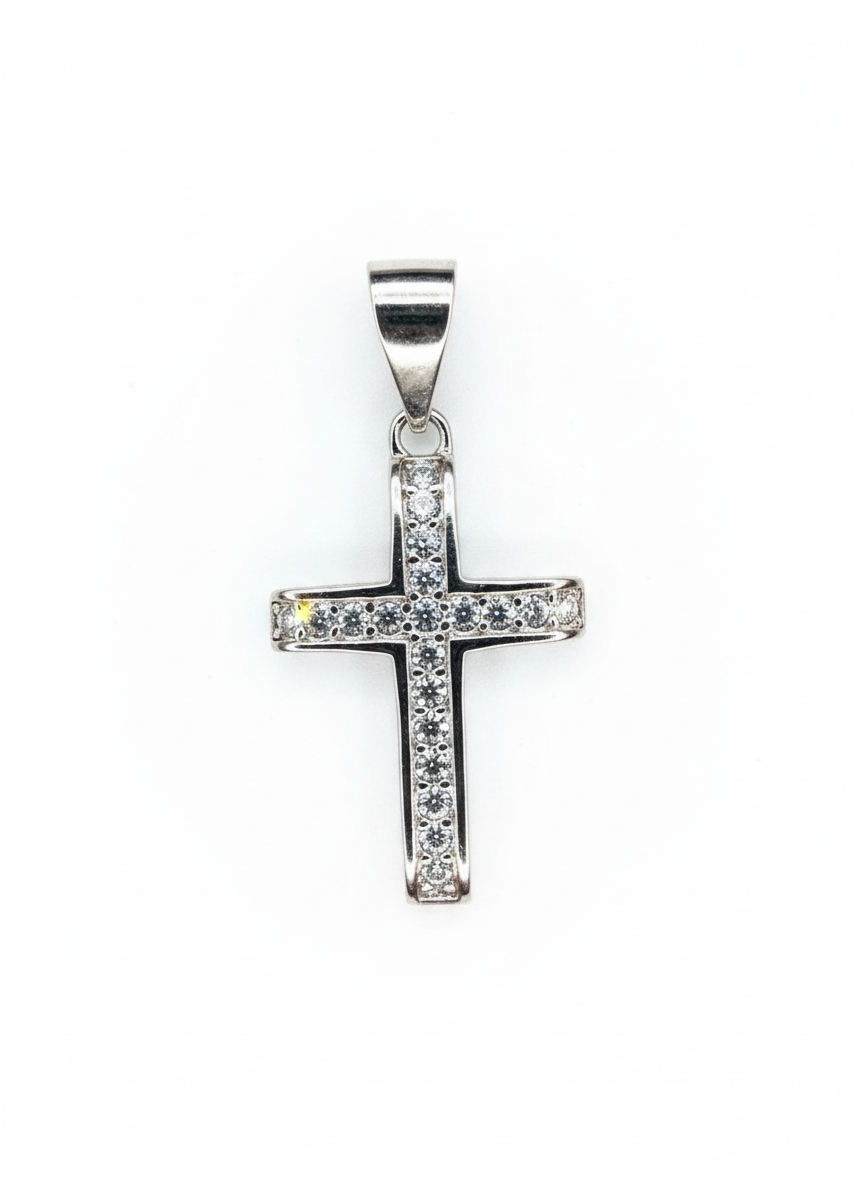 Hollow 2 Side Cross Pendant Sterling Silver with Cubic Zirconia Stones