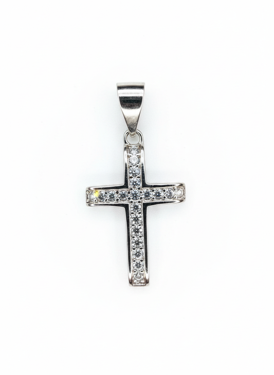 Hollow 2 Side Cross Pendant Sterling Silver with Cubic Zirconia Stones