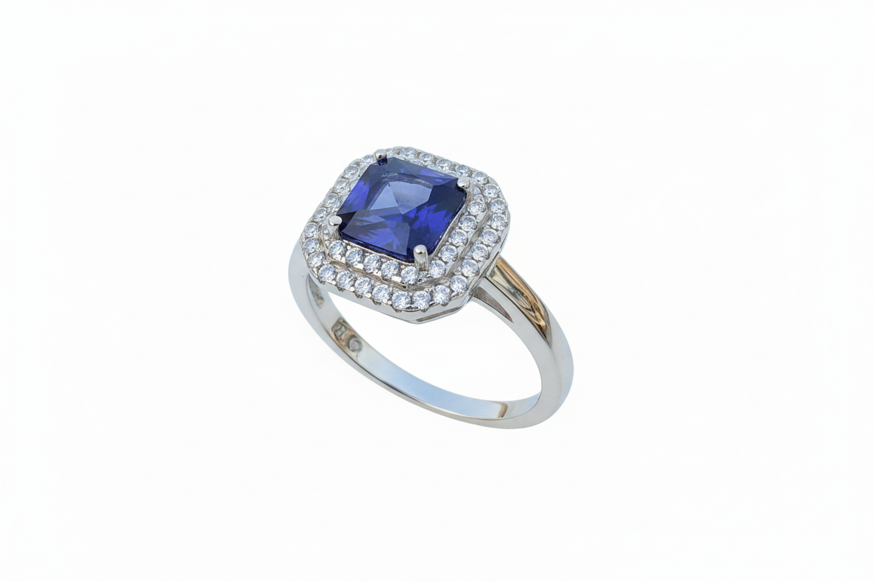 925 Sterling Silver Sapphire Ring with Cubic Zirconia Halos stones