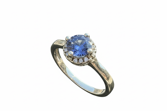 925 Sterling Silver halo Cubic Zirconia ring with sapphire lab grown stone