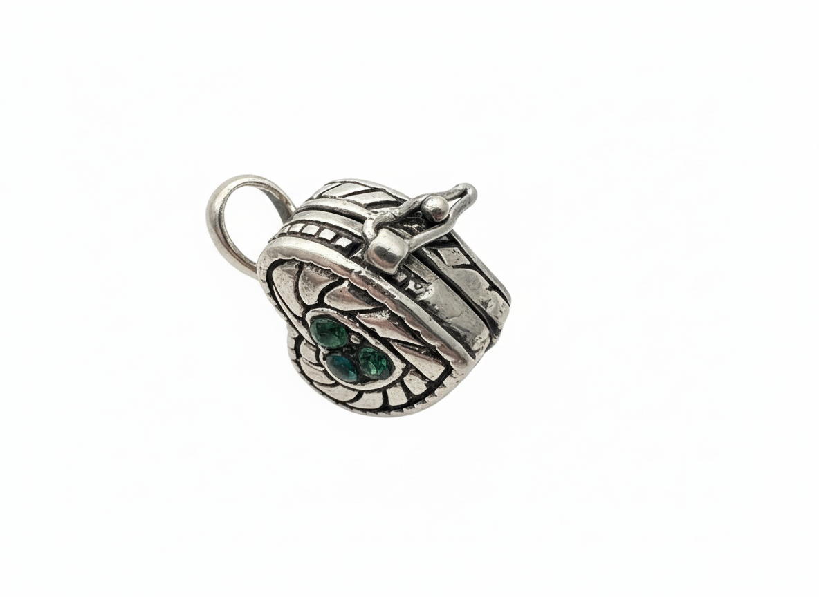 Vintage Heart Box with Green Cubics Sterling Silver Pendant
