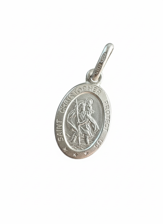Saint Christopher Protect Us Oval Sterling Silver Pendant