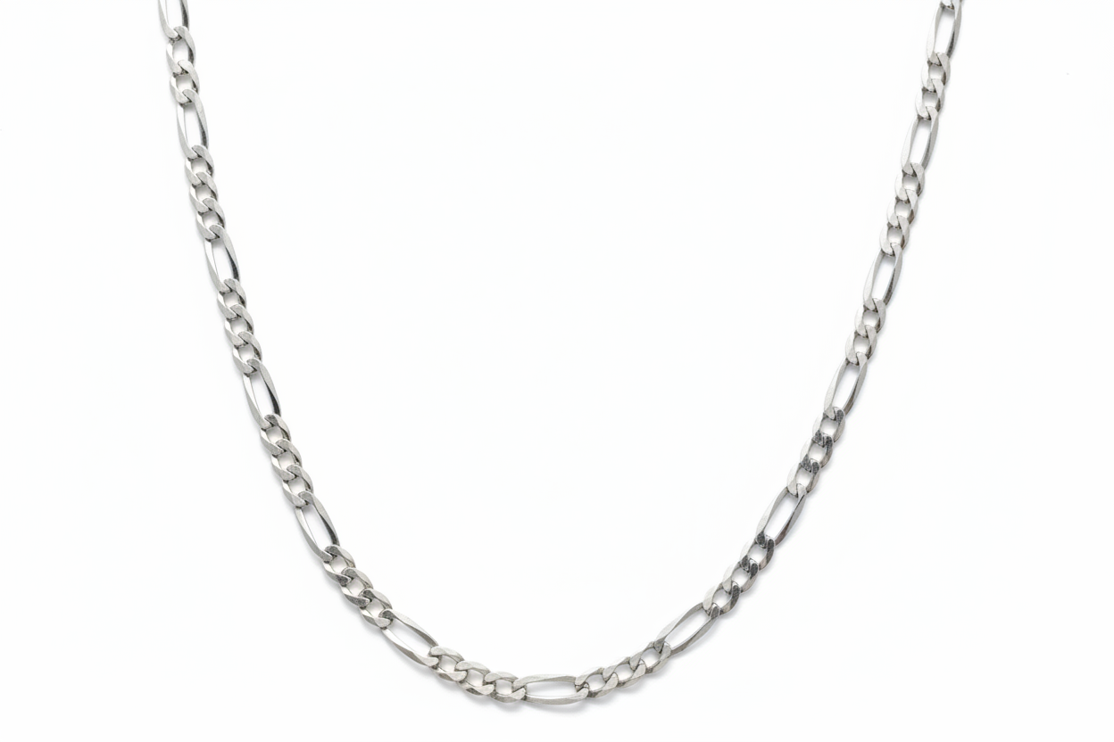 Flat Curb Figaro Link Silver Necklace
