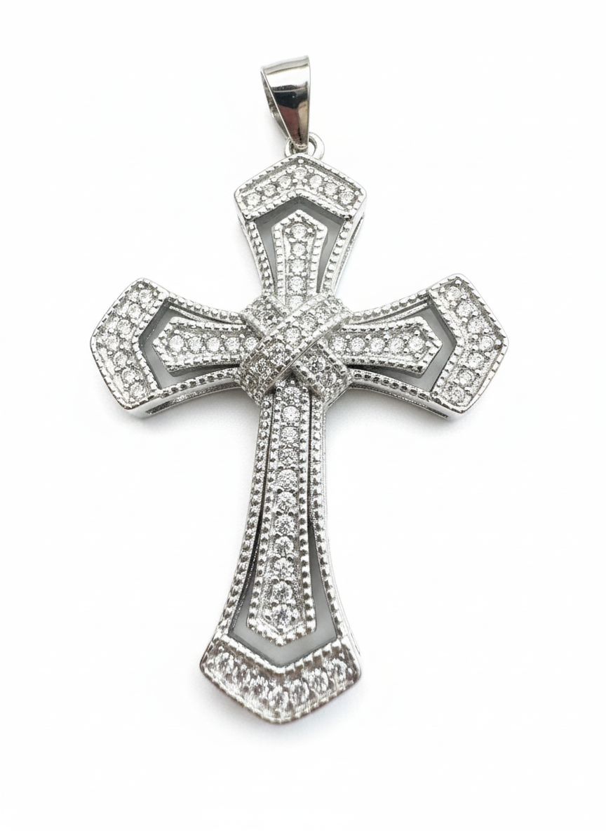Double Link X Cross Pendant Sterling Silver with Cubic Zirconia Stones