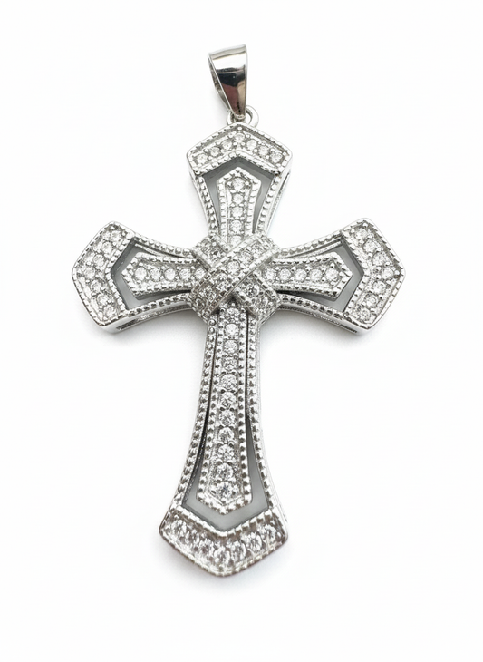 Double Link X Cross Pendant Sterling Silver with Cubic Zirconia Stones