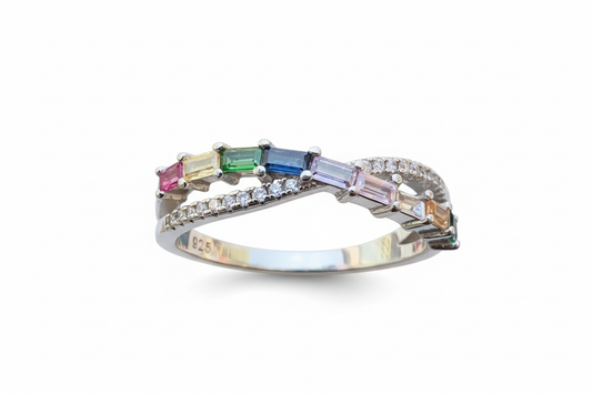925 Sterling Silver Rainbow Cubic Ring with Cubic Zirconia stones