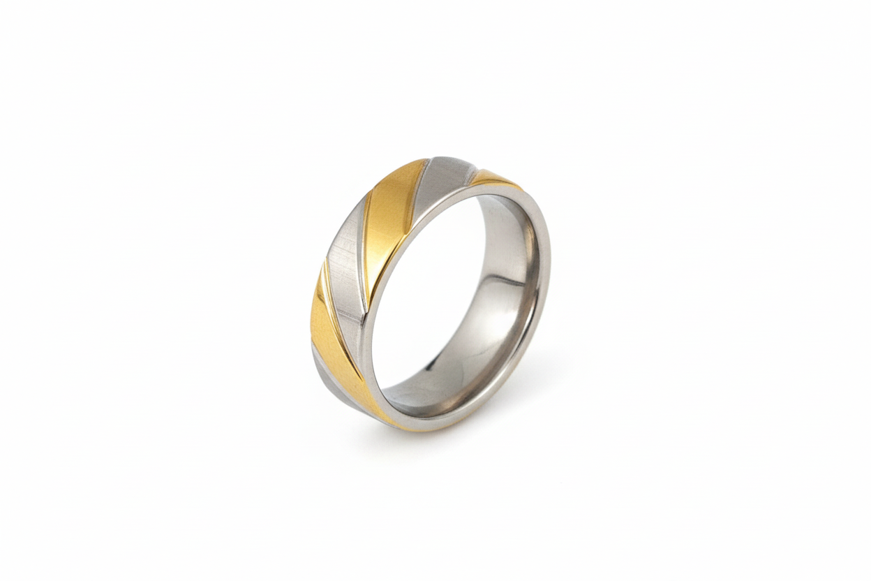 Gold Edged and Silver Striped Stainless Steel Ring