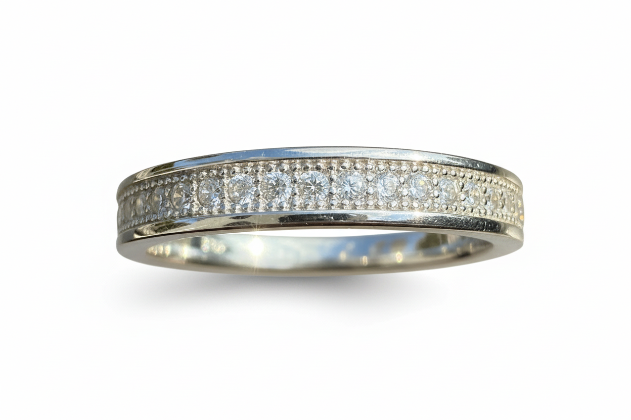 925 Sterling Silver band with 21 round Cubic Zirconia stones