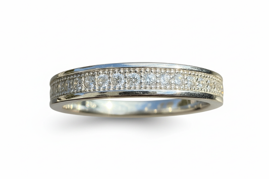 925 Sterling Silver band with 21 round Cubic Zirconia stones