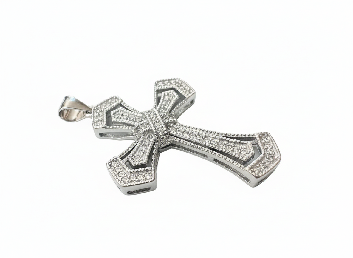 Double Link X Cross Pendant Sterling Silver with Cubic Zirconia Stones