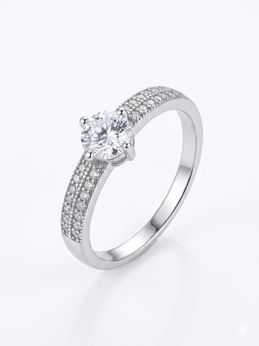 Solitaire 925 Sterling Silver Ring with Pavé Band