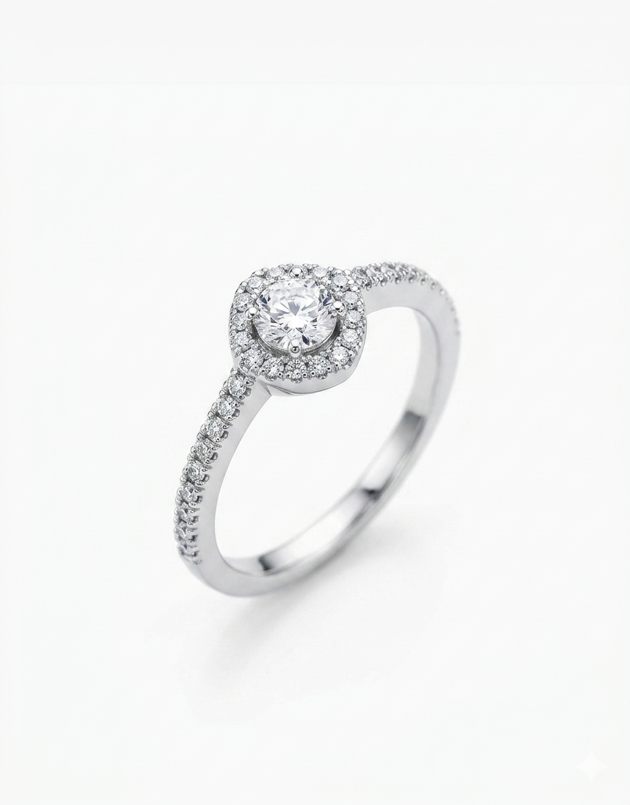 Cushion-Shaped Halo 925 Sterling Silver Ring with Pavé Band