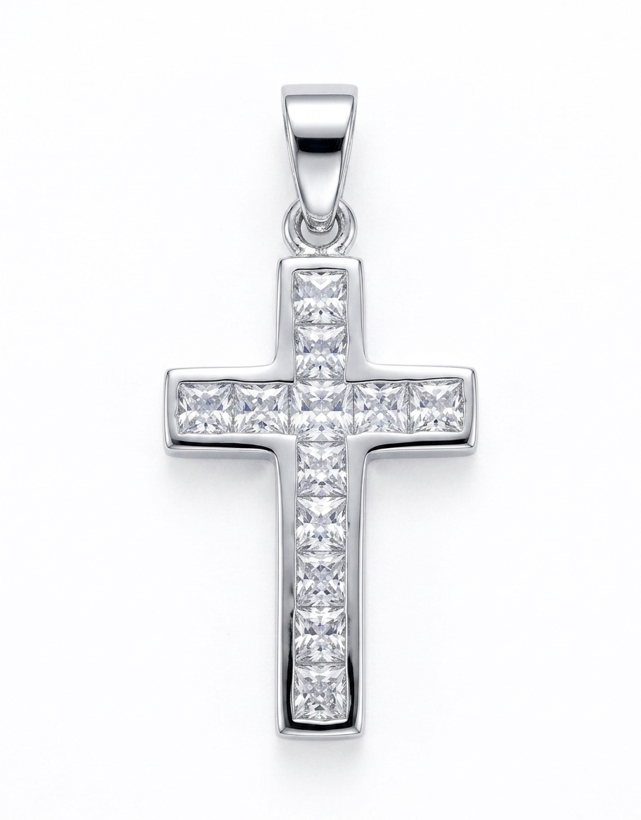 925 Sterling Silver Channel-Set Princess-Cut Latin Cross Pendant