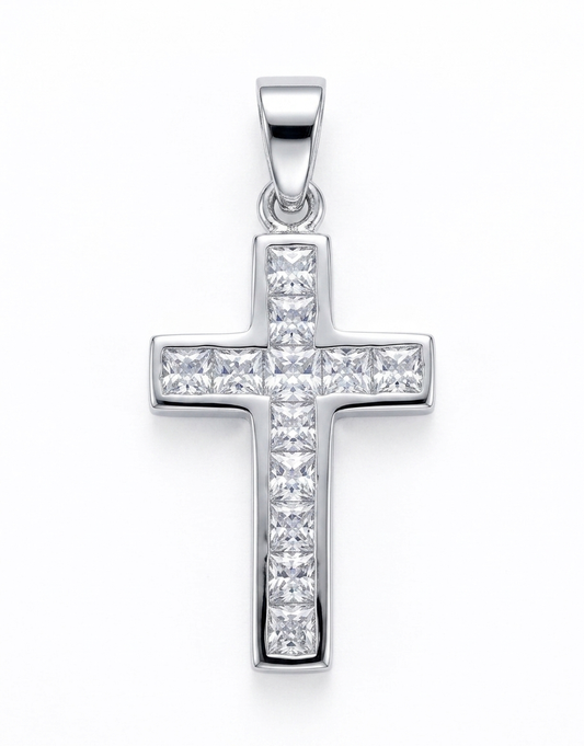 925 Sterling Silver Channel-Set Princess-Cut Latin Cross Pendant