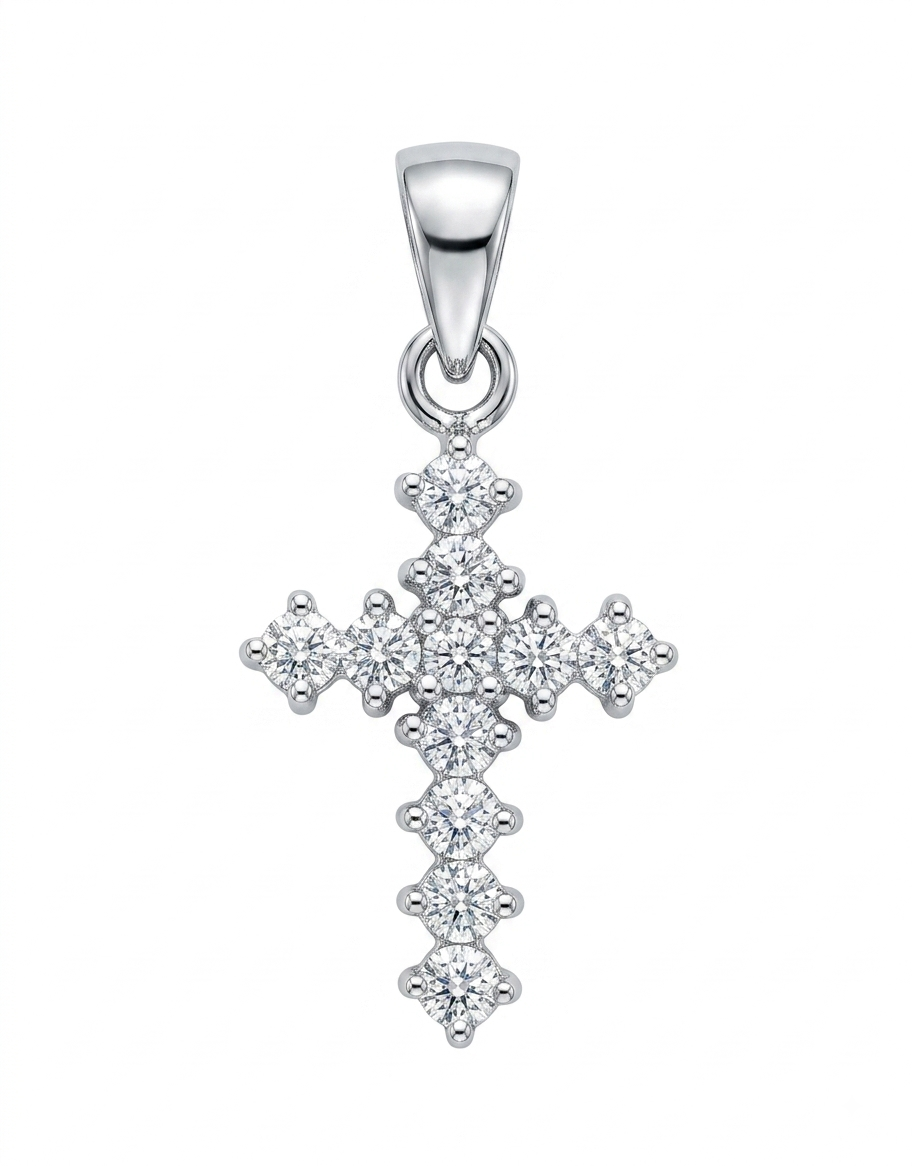 A silver cross pendant adorned with clear gemstones,