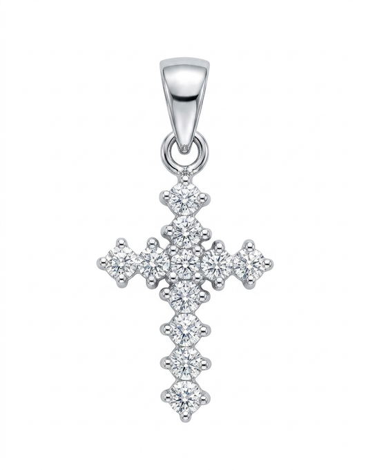 A silver cross pendant adorned with clear gemstones,