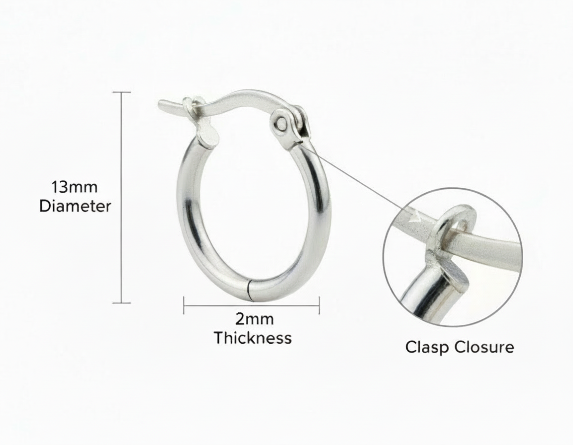Stainless Steel Clasp Hoop Earring 2mm x 11mm